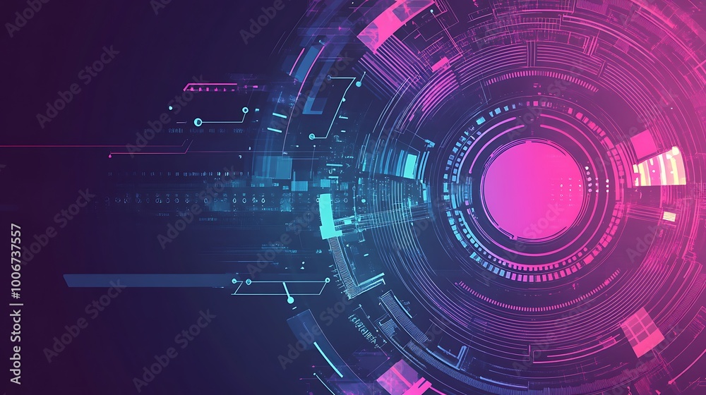 Poster abstract digital background with glowing circles and lines in pink and blue hues.