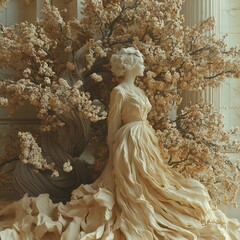 Greek Goddess Sculpture with Blooming Tree in the Background