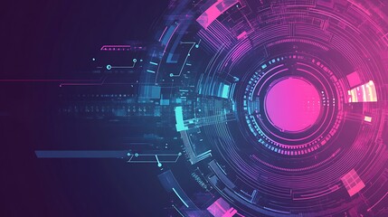 Obraz premium Abstract digital background with glowing circles and lines in pink and blue hues.