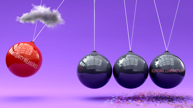 Austerity Measures leads to economic contraction. A Newton cradle metaphor in which austerity measures sets economic contraction in motion. Cause and effect relation between them ,3d illustration