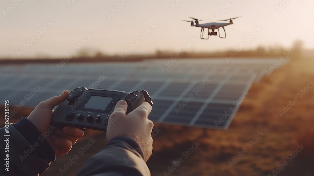 Aufkleber Engineer Operating Drone Controller Over Solar Panel Field