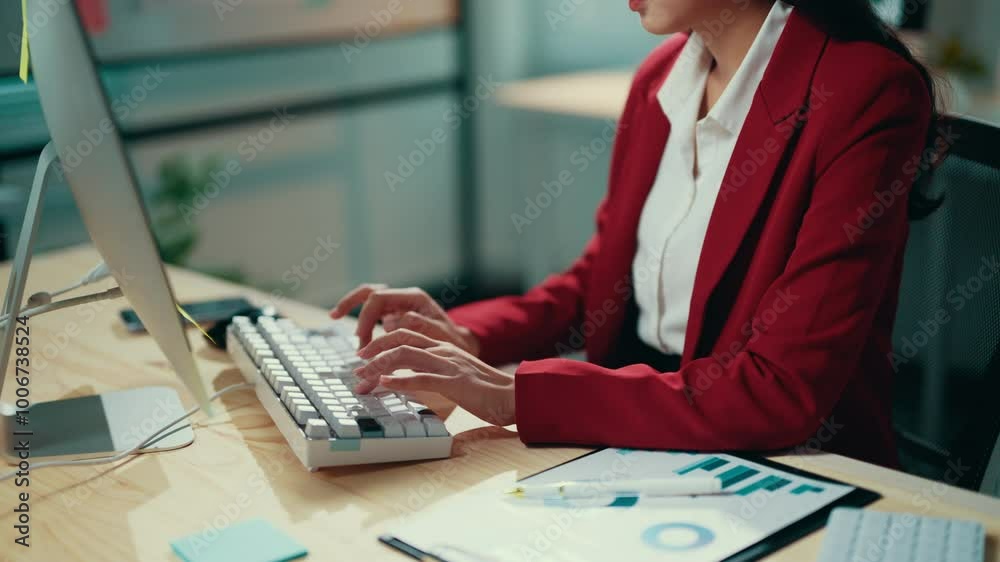 Poster businesswoman wearing a red suit jacket is working at her desk. she is typing on a keyboard and look