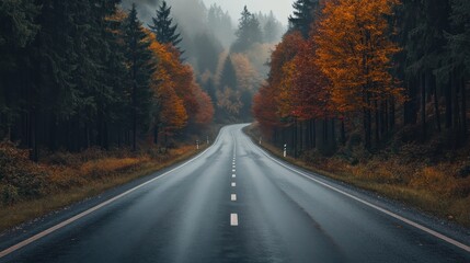 Fototapeta premium Autumn Scenic Road Through Distant Forest Landscape