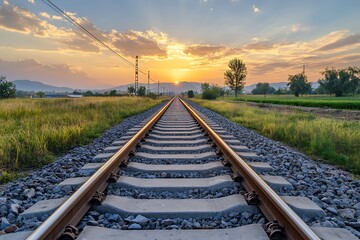 Fototapeta premium Railroad Tracks Leading to Sunset Over Green Field