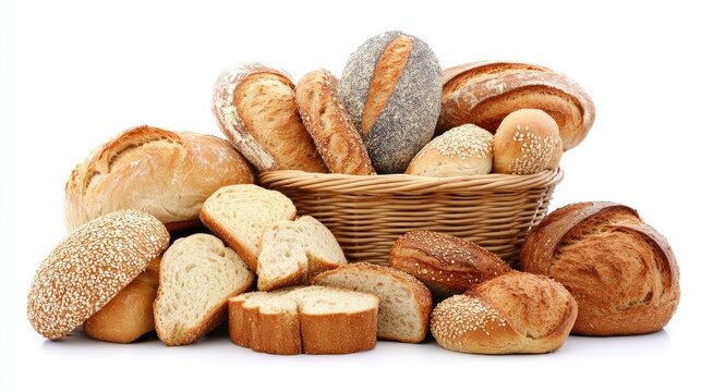 A basket of assorted bread rolls, including whole wheat, sesame, and poppy seed varieties, placed on a clean white background for a fresh bakery display.
