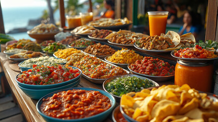 Fototapeta premium Street Food Feast, Vibrant shot of different global street foods arranged on colorful plates
