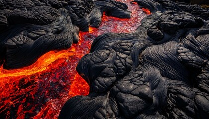 Molten lava flows through black rock.