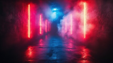 Naklejka premium Futuristic neon-lit corridor with mist creating an atmospheric, mysterious sci-fi ambiance