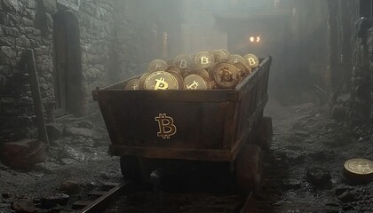 A mine cart filled with gold Bitcoin cryptocurrency coins in a dark and dusty mine shaft.