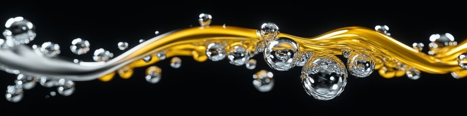 Corriente de burbujas doradas y plateadas en movimiento, evocando una sensación festiva de lujo y celebración, perfecta para la temporada navideña y de Año Nuevo.