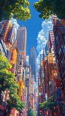 Vibrant city street with tall buildings, blue sky and green trees. Digital art illustration.