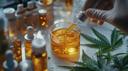 close up shot of hands using dropper to extract cannabis oil, showcasing various bottles and