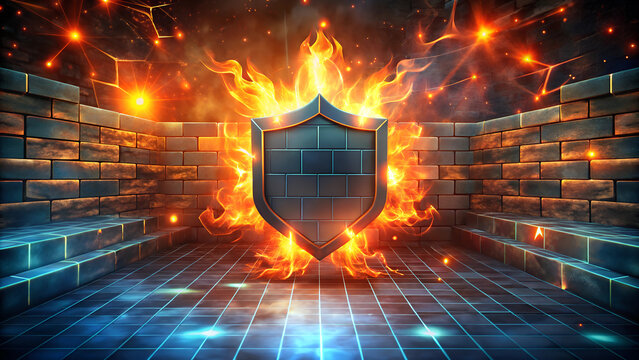 Fiery digital shield with flames and glowing effects in a high-tech environment
