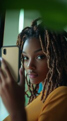 Fototapeta premium A young person with stylish dreadlocks poses for a captivating portrait, holding a smartphone in a cozy, well-lit indoor setting during the afternoon