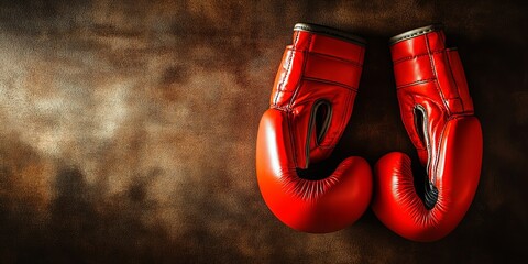 A pair of red boxing gloves rest on a rustic brown background.