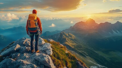 Man hiking on mountain peak at sunrise in vibrant landscape