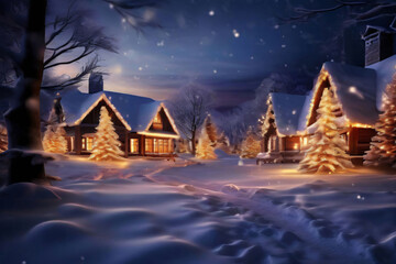 Fototapeta premium Weihnachten Schneefall im Dorf Lichter und Dekoration