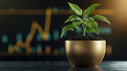 Green plant growing in elegant golden pot with financial growth chart background during a bright workspace setting