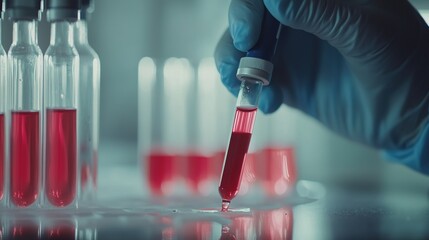 Scientists or physicians analyze the blood sample in vitro to prepare a vaccine against a new strain of viruses, Vaccine Research and Science concept.
