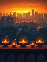 Diwali Diyas Arranged on a Balcony Railing with Night City Skyline