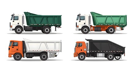 A garbage truck is shown in four different color and style designs