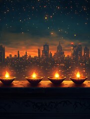 Diwali Diyas Arranged on a Balcony Railing with Night City Skyline