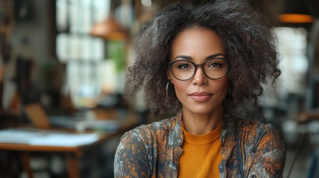 Confident Middle-Aged Woman with Curly Hair and Glasses in a Cozy Creative Workspace