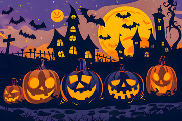Fototapeta premium Illustration featuring Jack o' Lantern and castle silhouette at night, perfect for Halloween greetings or special Halloween sales promotions. banner sale concept