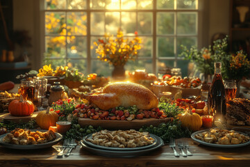 Fototapeta premium Thanksgiving dinner with family and friends gathered