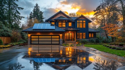 Modern eco-friendly home with solar panels reflecting sunset in serene suburban setting