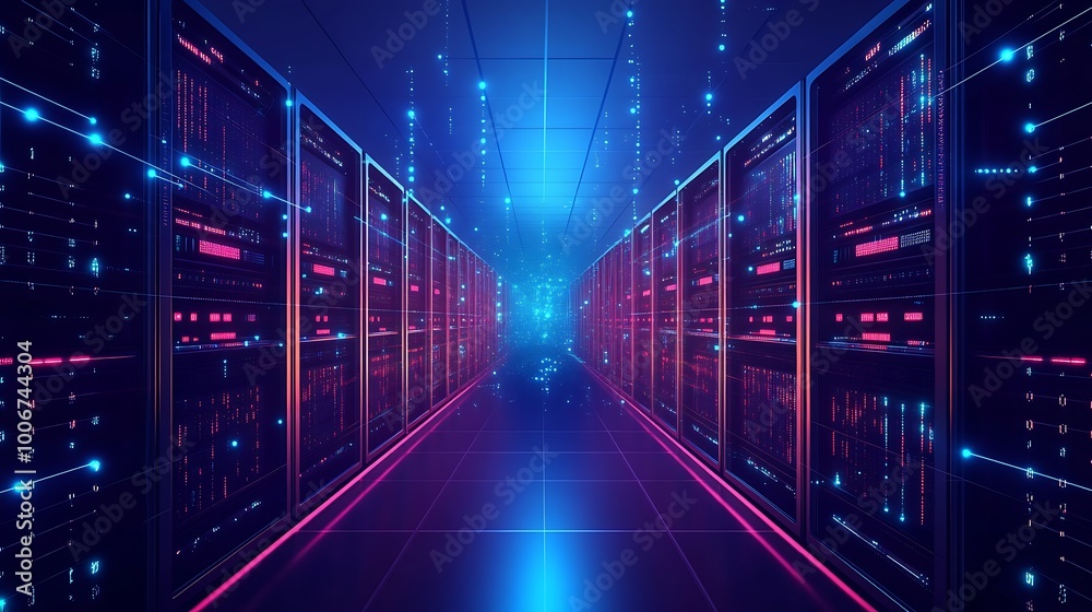 Poster Rows of servers in a data center with glowing blue and pink lights and digital code streaming down the hallway.