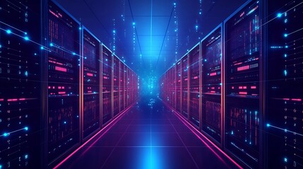 Fototapeta premium Rows of servers in a data center with glowing blue and pink lights and digital code streaming down the hallway.