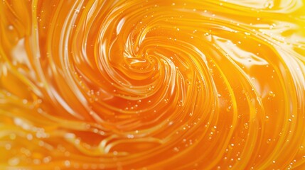  abstract background, swirl of melted gooey mango gummy candy, extreme close up, aerial view 