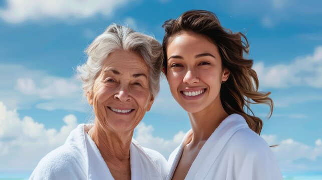 A joyful grandmother and granddaughter smiling together on a sunny beach day, showcasing their bond and happiness against a bright blue sky with fluffy clouds - Powered by Adobe