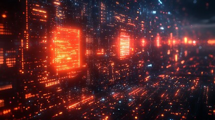 Abstract Futuristic Cyberpunk Cityscape with Neon Lights and glowing digital screens