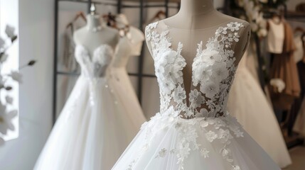 Elegant wedding dresses on display in a bridal shop, showcasing intricate floral designs and lace details during a bright afternoon