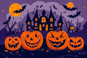 Illustration Jack o' Lantern and castle silhouette at night, perfect for Halloween greetings or special Halloween sales promotions. Sale banner concept