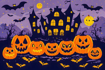 Illustration Jack o' Lantern and castle silhouette at night, perfect for Halloween greetings or special Halloween sales promotions. Sale banner concept