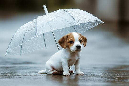 A puppy seeking shelter under a clear umbrella on a rainy day in an urban setting, showcasing its adorable expressions and playful demeanor while sitting on a wet pavement - Powered by Adobe
