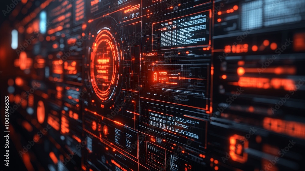 Poster a complex digital interface in red and black features technical data displays, symbolizing advanced 