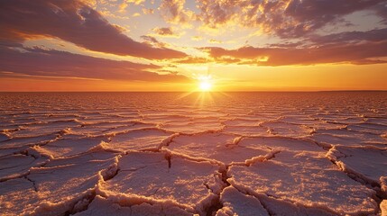 Obraz premium A scenic sunset over a dry, cracked, white landscape.
