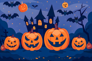 Illustration Jack o' Lantern and castle silhouette at night, perfect for Halloween greetings or special Halloween sales promotions. Sale banner concept