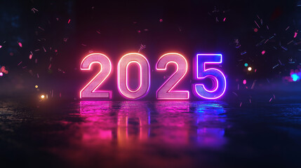 Neon glowing 2025 numbers in a dark festive setting