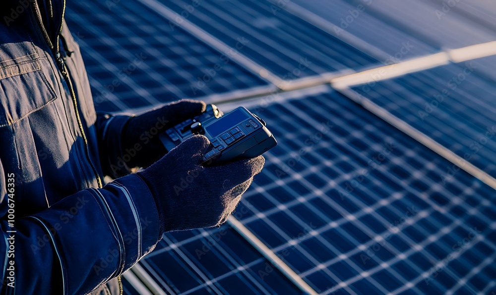 Poster engineer with gloved hands operating drone over panels