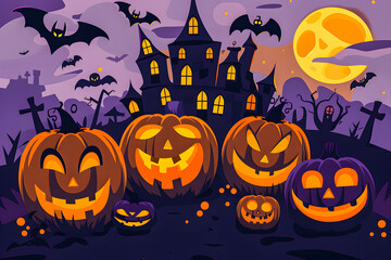Illustration Jack o' Lantern and castle silhouette at night, perfect for Halloween greetings or special Halloween sales promotions. Sale banner concept