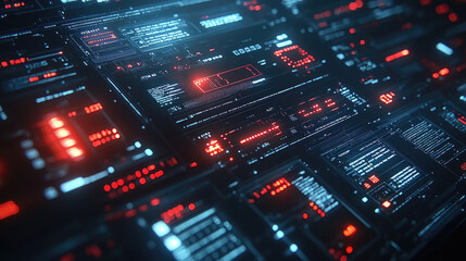 Obraz premium A complex display of glowing red digital elements fills the screen, showcasing advanced technology and data visualization
