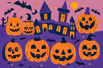 Illustration Jack o' Lantern and castle silhouette at night, perfect for Halloween greetings or special Halloween sales promotions. Sale banner concept