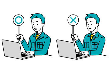 ○×マークを上げるノートパソコンで仕事をしている作業員の男性