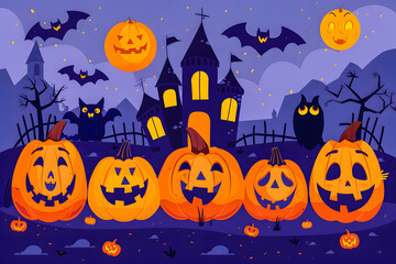 Illustration Jack o' Lantern and castle silhouette at night, perfect for Halloween greetings or special Halloween sales promotions. Sale banner concept