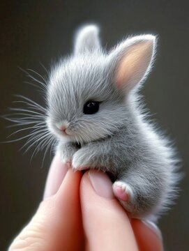 A teeny tiny grey bunny with floppy ears siting on a woman finger
